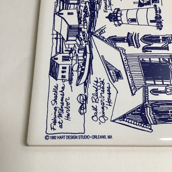 Martha’s Vineyard Mass Tile Trivet Joan & Bruce Hart Blue White 6x6" 1992 Art MA - Picture 2 of 7